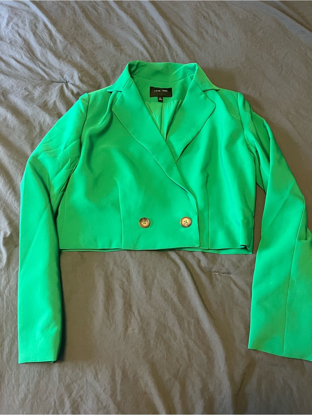 Love Tree Bright Green Cropped Double-Breasted Blazer